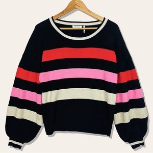 Embossed Metallic Striped Puffy Balloon Sleeve Ribbed Crewneck Pullover Sweater